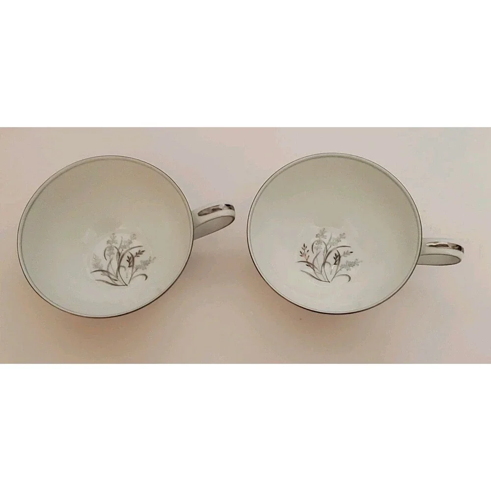 Noritake Teacups Saucer Japan Taryn 5912 Silver White Floral China 3 Pc Set Vtg